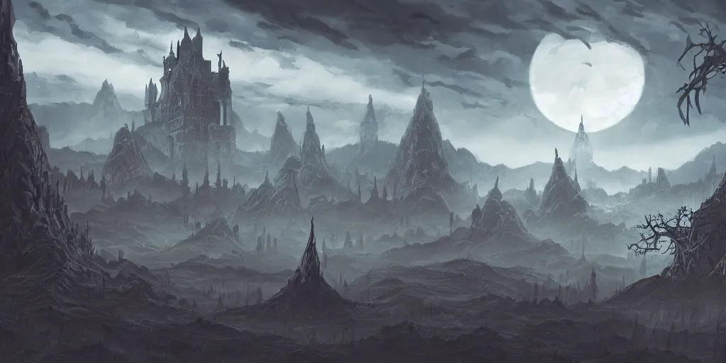 Image similar to highly detailed cell - shaded cartoon landscape with a vampire hunter d castle spaceship, moody, misty, depth perception, 4 k, artstation, in the style of studio ghibli