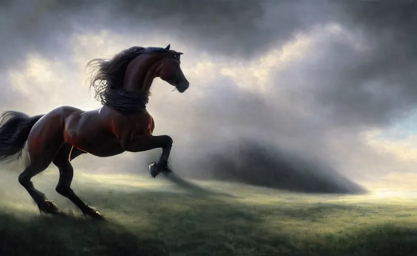 Image similar to a masterpiece oil painting of a proud horse galloping. wide angle, fantasy art, alex ross, heroic lighting, very very very beautiful raytraced rendering, volumetric fog