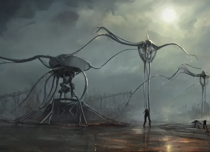 Prompt: concept art of the war of the worlds movie, oil painting by jama jurabaev, extremely detailed, brush hard, artstation, for aaa game, high quality, brush stroke