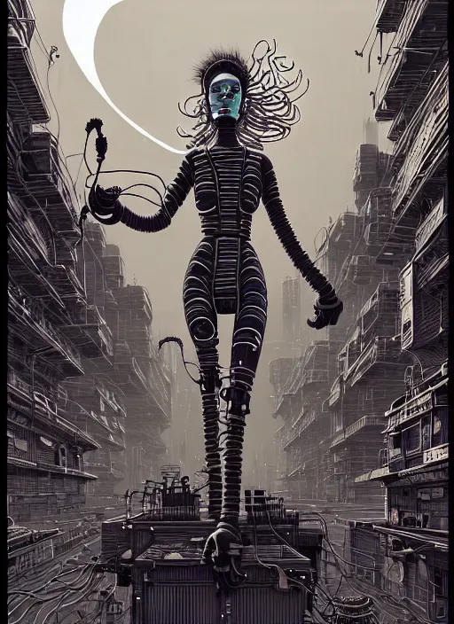 Image similar to highly detailed portrait of wasteland punk long curly neon blue electricity hair tribal lady, stray electric spark wiring by atey ghailan, james gilleard, by joe fenton, by greg rutkowski, by greg tocchini, by kaethe butcher, 4 k resolution, gradient yellow, black and white color scheme!!! ( ( lightning cloudy robotic dystopian city background ) )