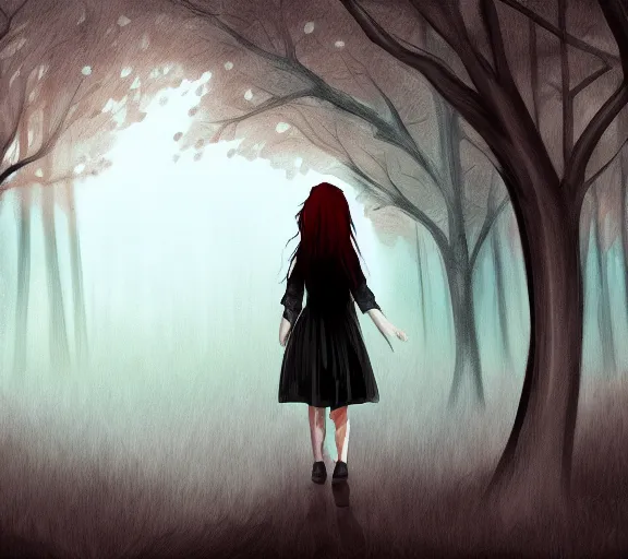 Prompt: a girl wandering in a dark forest, dim lighting, digital painting, scary atmosphere