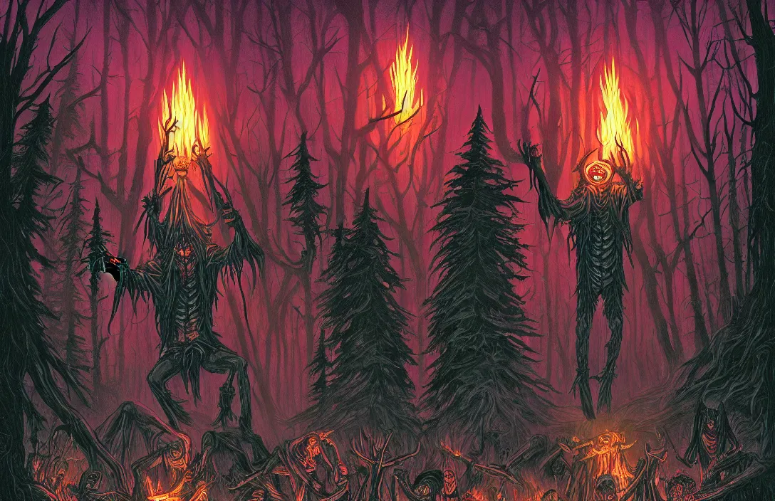 Prompt: dark evil nativ american skinwalker ritual in grim forest with human sacrafice, demonic shrine, digitally painted by Tim Doyle, Kilian Eng and Thomas Kinkade, centered, uncropped