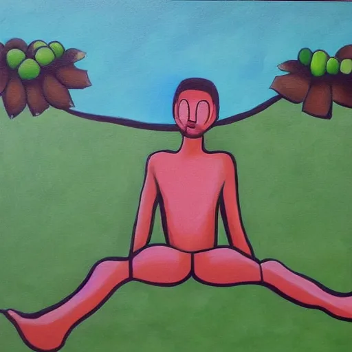 Image similar to my body is floating but real conected to the earth, painting in the style of pablo amaringo