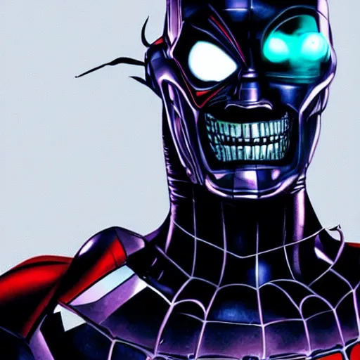 Image similar to evil robot terminator ultron joker smile, spiderman pose, dark