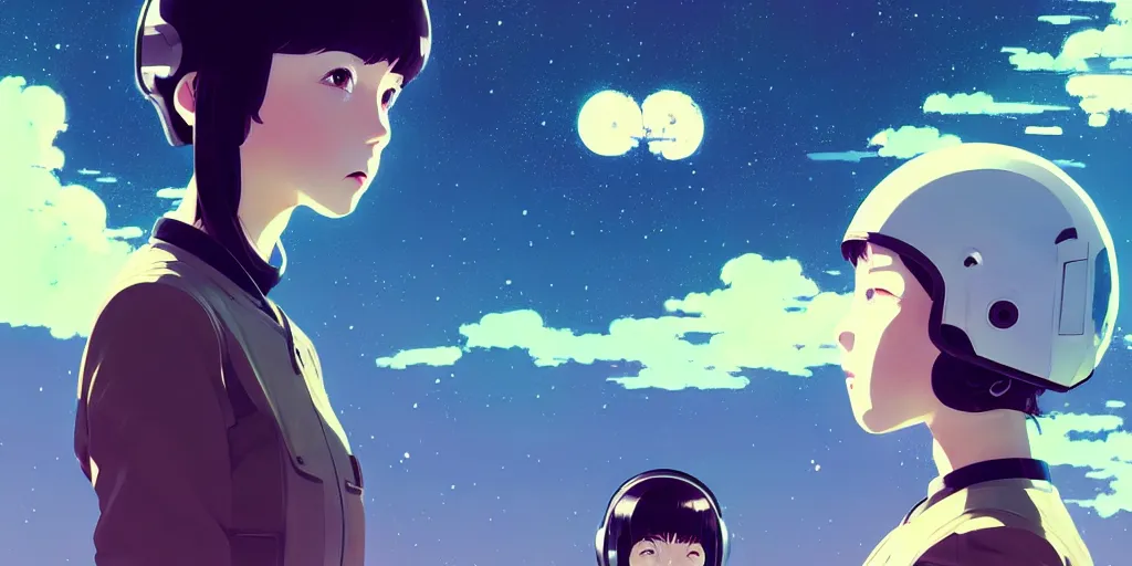 Image similar to portrait of a girl with astronaut helmets by ilya kuvshinov, cloudy sky background lush landscape ln illustration concept art anime key visual trending pixiv by victo ngai fanbox by greg rutkowski makoto shinkai takashi takeuchi studio ghibli