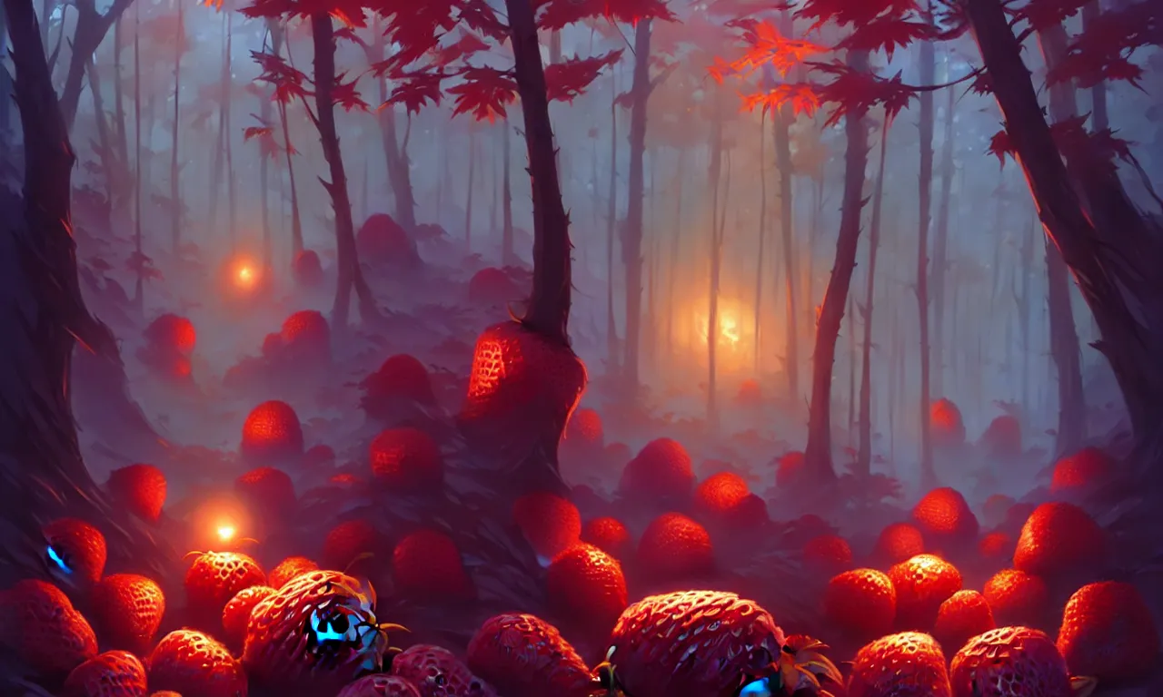 Image similar to Dark forest large strawberries, behance hd by Jesper Ejsing, by RHADS, Makoto Shinkai and Lois van baarle, ilya kuvshinov, rossdraws global illumination