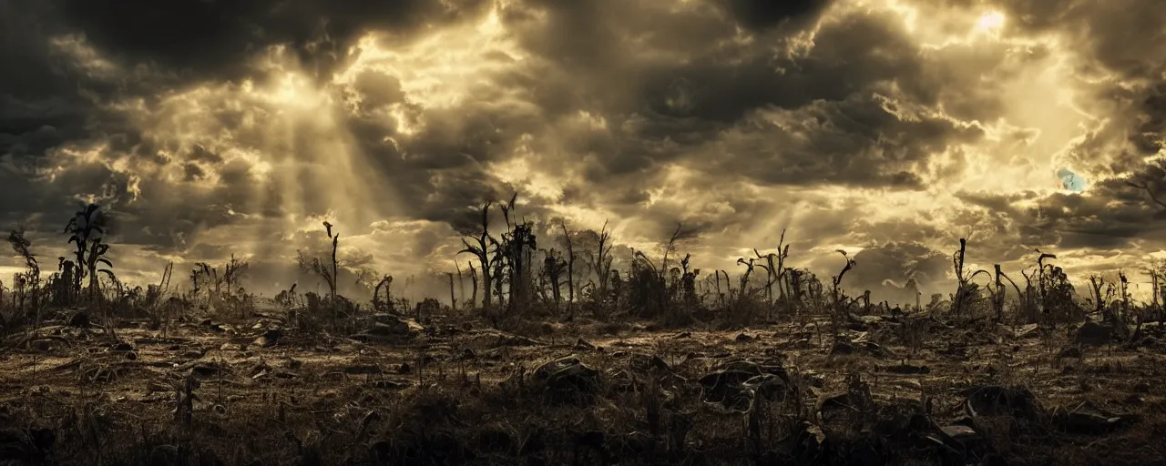 Prompt: post-apocalyptic landscape with skulls everywhere, beautiful clouds, sunrays, cinematic, cineovision