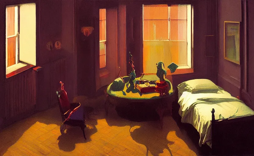 Image similar to Cozy victorian room apartment with candles, very coherent, painted by Francis Bacon and Edward Hopper, Wayne Barlowe, painted by James Gilleard, surrealism, airbrush, art by JamesJean