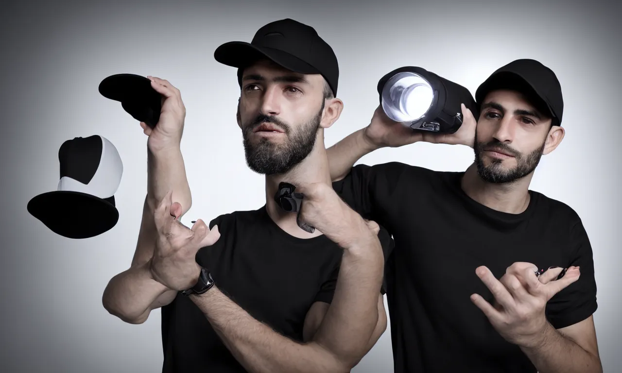 Image similar to handsome italian man wearing black baseball cap and tshirt uses telepathy to control a floating camera. cinematic. studio lighting. intricate details. high quality