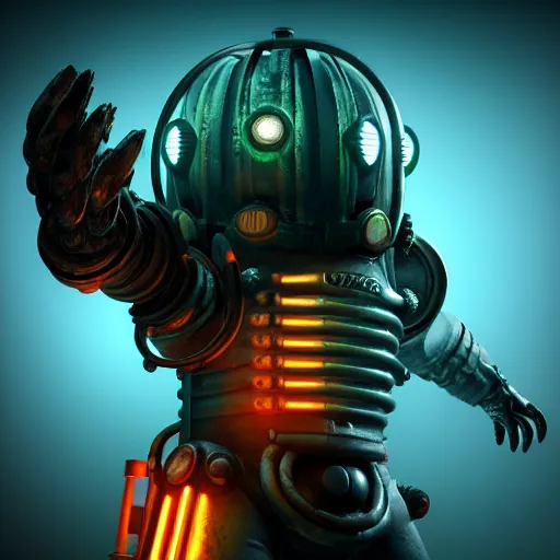 Image similar to isaac clarke as a bioshock big daddy, unreal engine 5, bioshock deadspace, high detail 3 d render,