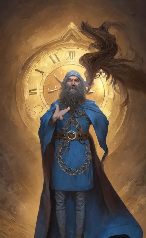 Image similar to portrait of a middle aged elf with a long beard, dressed in a blue cloak with clock iconography, brown hair, raised hand, detailed face, fantasy, highly detailed, cinematic lighting, digital art painting by greg rutkowski