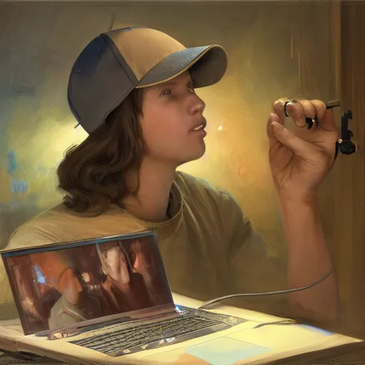 Prompt: A teenager in a cap looks at the camera while using the computer, digital painting, artstation, concept art, donato giancola, Joseph Christian Leyendecker, WLOP, Boris Vallejo, Breathtaking, 8k resolution, extremely detailed, beautiful, establishing shot, artistic, hyperrealistic, octane render, cinematic lighting, dramatic lighting, masterpiece, light brazen, extremely detailed and beautiful face