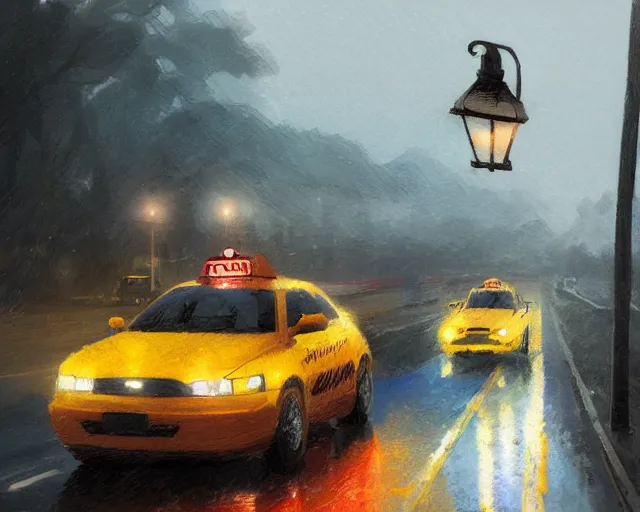 Image similar to one single taxi cab driving down a rainy country road through a field, gaslight, street lamps. Side view, full shot. Anime, By Makoto Shinkai, Stanley Artgerm Lau, WLOP, Rossdraws, James Jean, Andrei Riabovitchev, Marc Simonetti, krenz cushart, Sakimichan, trending on ArtStation, digital art.