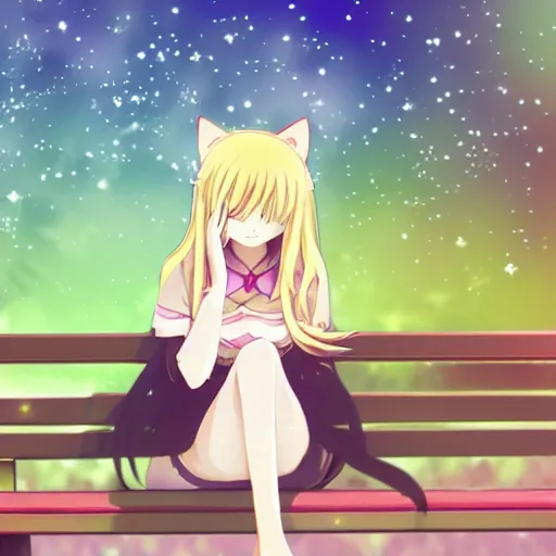 Image similar to picture of an anime girl with cat ears and long blond hair looking to her side, sitting on a bench with a park behind her, bokeh, anime art style, highly detailed, cartoon, cel - shaded, colorful, animated, trending