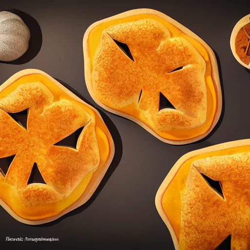 Image similar to concept art full isometric view of a plate with three delicious pumpkin turnovers with glazing in the style of pixar, octane render, blender, arstation