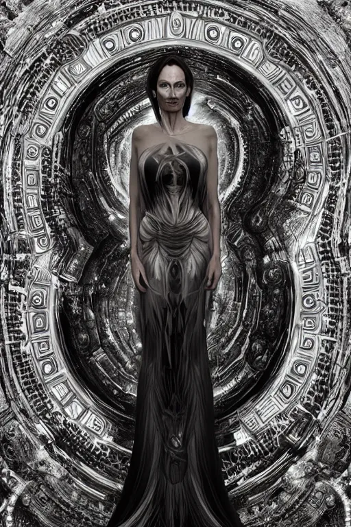 Image similar to a realistic dark photo of a beautiful ancient alien woman goddess angelina jolie kate moss nataraja standing in iris van herpen dress jewelery and fractals in style of alphonse mucha art nuvo dmt trending on artstation made in unreal engine 4