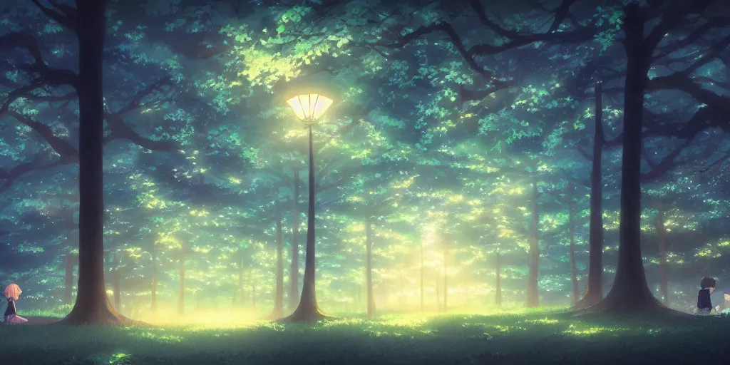 Image similar to beautiful anime painting of a magical forest, nighttime, by makoto shinkai, koto no ha no niwa, studio ghibli, artstation, atmospheric.