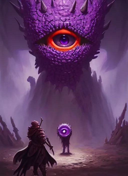 Image similar to purple one - eyed beholder dnd, fantasy oil _ painting _ unreal _ 5 _ daz. _ rpg _ extremely _ detailed _ artgerm _ greg rutkowski