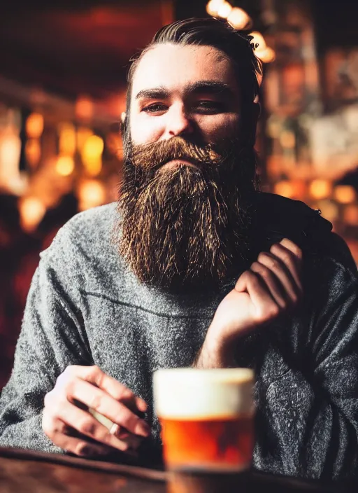 Image similar to Photography of a sad fully bearded man wearing warm clothes, and a huge travel backpack, drinking and smoking , sitting in a bar, full body shot, atmospheric lighting , wide angle lens