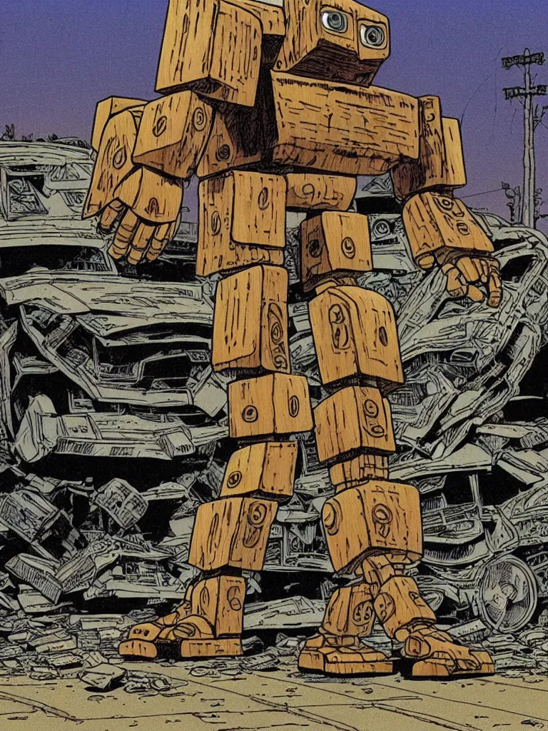 Prompt: an individual Giant wooden robot walking down the street, a crushed car is under the robot’s foot by Richard Corben