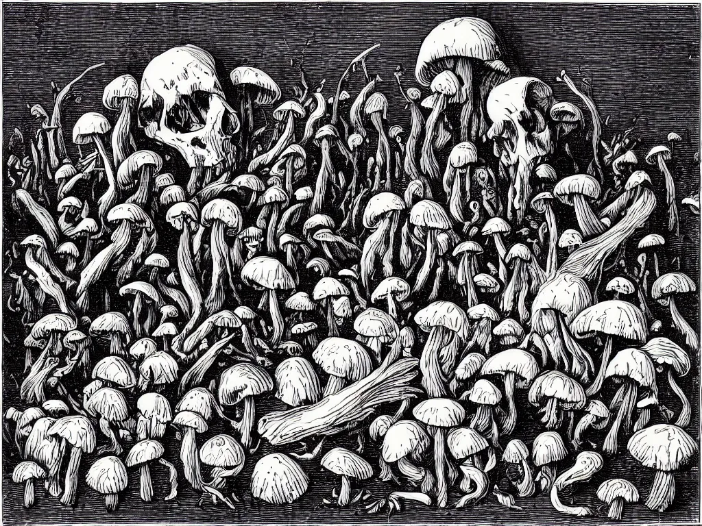 Prompt: the vision of death reaping the souls of mushrooms. Fine art engraving by Gustavo dore. 1868.