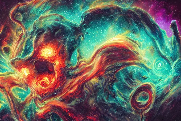 Image similar to a giant skull with eyes and lovecraftian tentacles emerging from a space nebula by dan mumford, smoke trails, digital art, photorealistic, vivid colors, highly detailed, intricate
