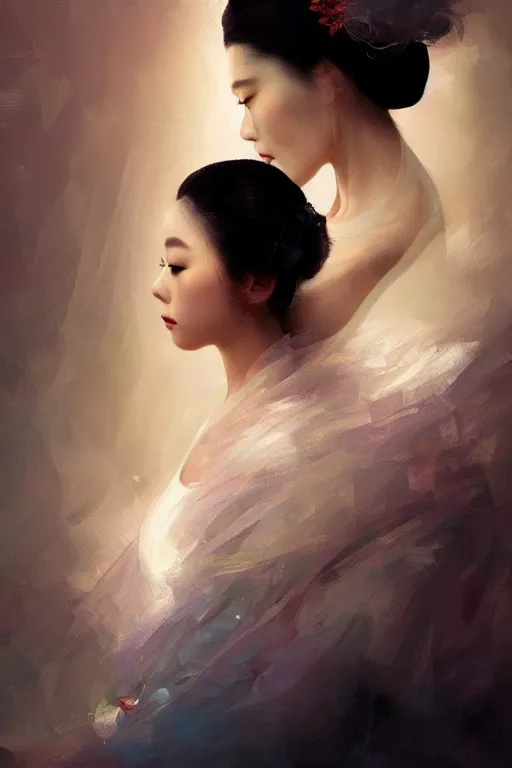 Image similar to geisha prima ballerina, gorgeous, ethereal, close-up portrait, intricate, elegant, volumetric lighting, scenery, digital painting, highly detailed, artstation, sharp focus, illustration, concept art, ruan jia, steve mccurry