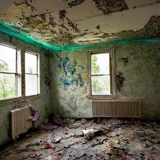 Image similar to abandoned cottage interior filled with iridescent jellyfish and lush coral