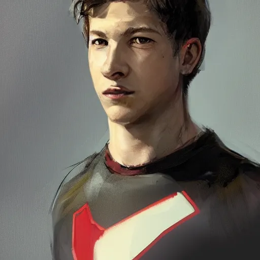 Prompt: portrait of a man by greg rutkowski, he looks like tye sheridan, he is about 2 0 years old, messy brown hair, tired eyes, he is wearing a black and white kevlar superhero suit, highly detailed portrait, digital painting, artstation, concept art, smooth, sharp foccus ilustration, artstation hq