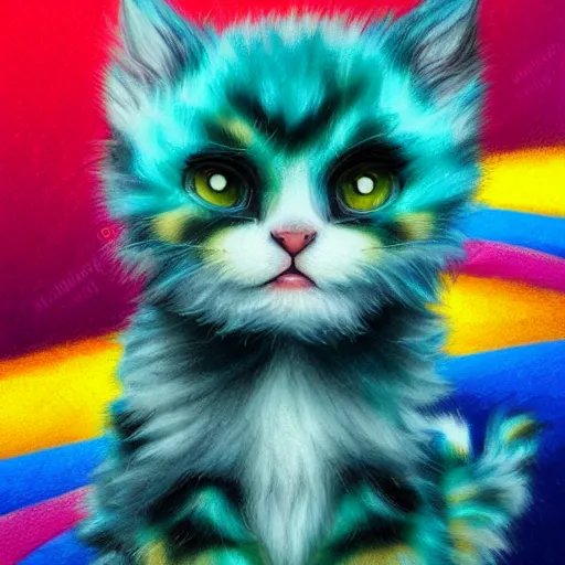 Image similar to wide angle full body, of a fluffy cute rainbow kitten wearing a black leather motorcycle jacket, concept art