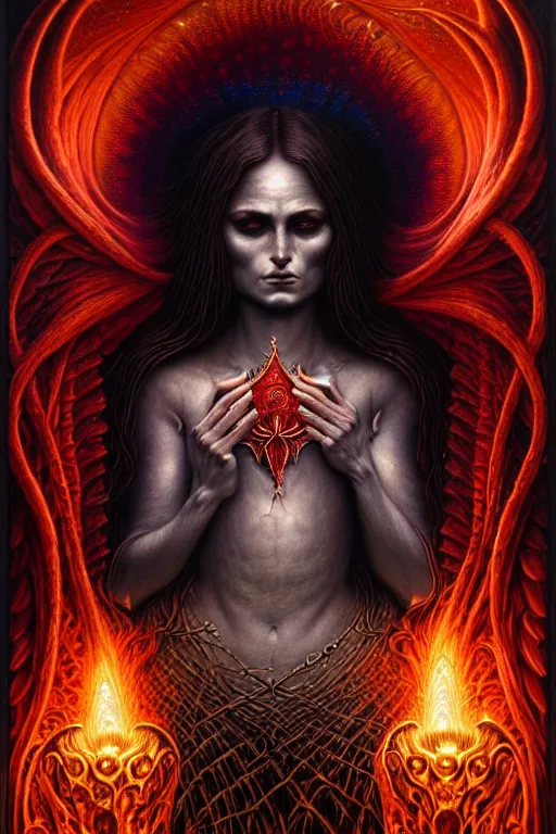 Prompt: A beautiful detailed godness woman super dark tarot card, by tomasz alen kopera and Justin Gerard, symmetrical features, ominous, magical realism, texture, intricate, ornate, royally decorated, melting, whirling smoke, embers, red adornements, red torn fabric, radiant colors, fantasy, trending on artstation, volumetric lighting, micro details, 3d sculpture, ray tracing, 8k, anaglyph effect