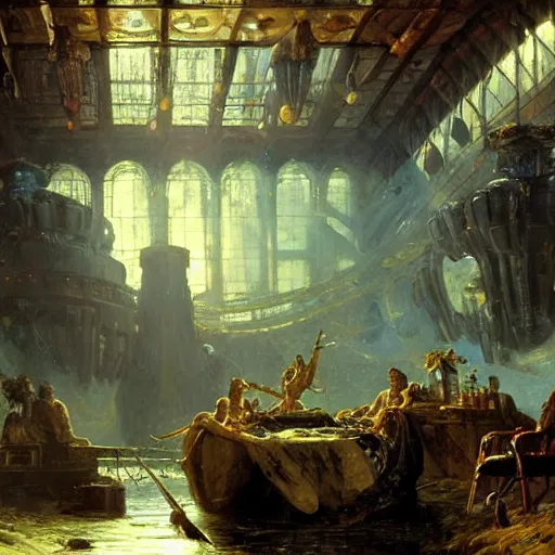 Prompt: scene from prometheus movie, syd mead artlilery spaceship lands in country tavern, filigree ornaments, volumetric lights, andreas achenbach