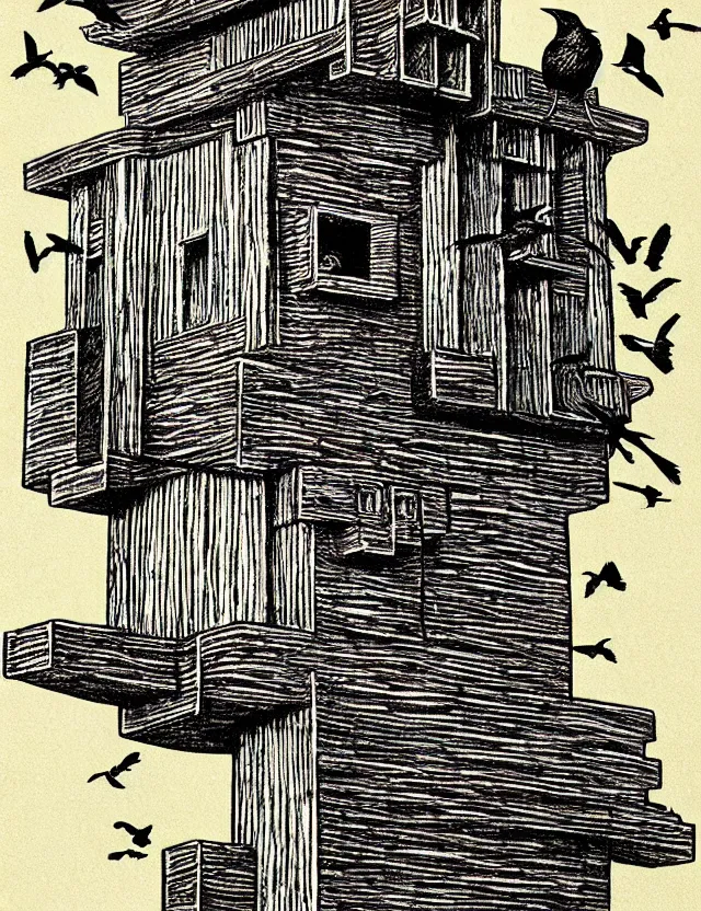 Image similar to detailed illustration of a frank lloyd wright inspired birdhouse, in the style of albrecht durer, with crows, intricate, moody, on paper