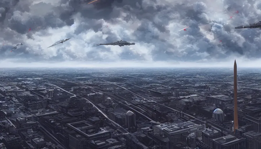 Prompt: wide view of missiles about to hit washington dc, cloudy sky, hyperdetailed, artstation, cgsociety, 8 k