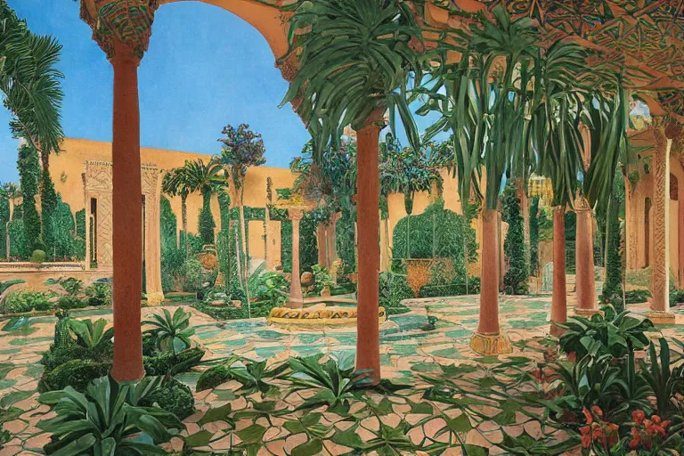 Image similar to painting of a beautiful moorish palace courtyard garden, by alayna danner and maxfield parrish and evelyn de morgan, patterned tilework, palm trees, tiled fountains, extremely detailed, cinematic lighting, smooth sharp focus