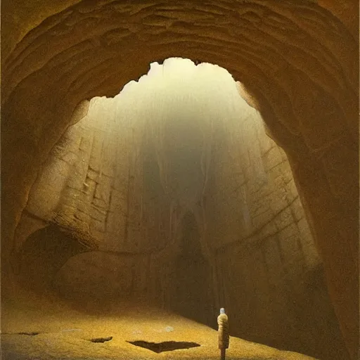 Image similar to an explorer standing in an ancient city inside a cave, by Beksinski and Lauire Lipton