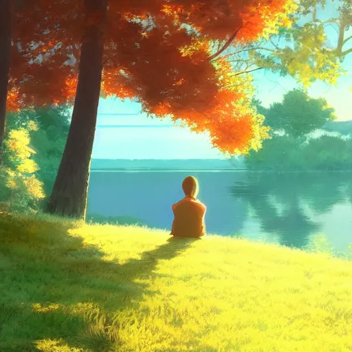 Prompt: a person sitting by a lake, seen from the back, in an enchanted forest, by makoto shinkai, myazaki hayao, warm colors