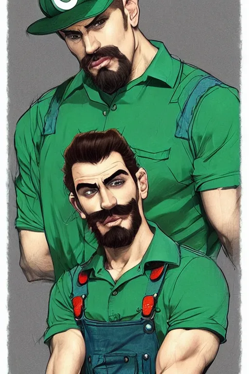 Prompt: gigachad luigi wearing a green shirt and blue overalls by ilya kuvshinov, bodybuilder ernest khalimov, super mario bros symmetrical face concept art, hyper realistic, intricate, elegent, highly detailed, digital painting, concept art, smooth, sharp, focus, illustration, art by artgerm and greg rutkowski and alphonse mucha, artstation