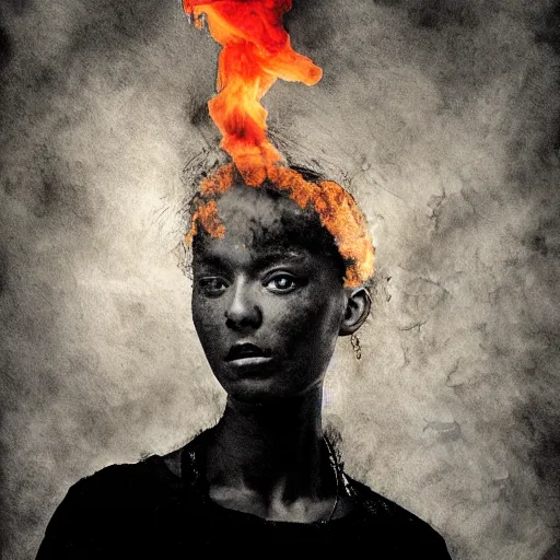 Prompt: a portrait of a beautiful young woman made of smoke and ember, high contrast, hdr, by enki bilal