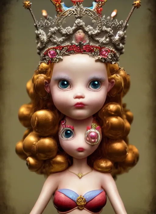 Image similar to highly detailed closeup, face profile portrait of a tin toy fairytale princess wearing a crown eating cakes, bikini, unreal engine, nicoletta ceccoli, mark ryden, earl norem, lostfish, global illumination, detailed and intricate environment