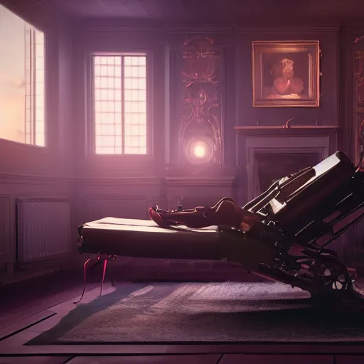 Prompt: Futuristic automaton reclining on a fainting couch in front of a large fireplace in a Victorian home in the future, octane render, extremely detailed, cinematic lighting, 8k, lens flare, cinematic movie photograph, closeup portrait, trending on artstation, cgsociety, award-winning art, by Simon Stalenhag