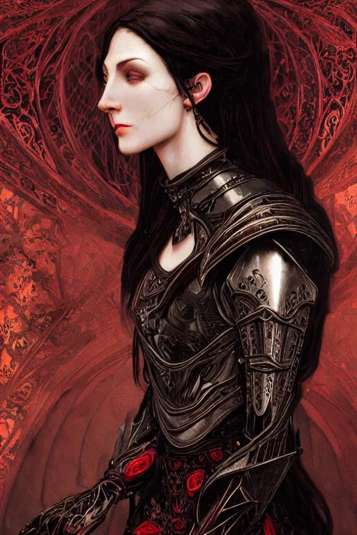 Image similar to beautiful luxury and gothic and victorian and evil medieval female reddish and black color armor knight portrait+smoky eyes+light flowing hair, in ruin gothic cathedral, ultradetail face, art and illustration by tian zi and craig mullins and WLOP and alphonse mucha, fantasy, intricate complexity, human structure, fantasy world concept, watermark, blurry, hyperrealism 8k