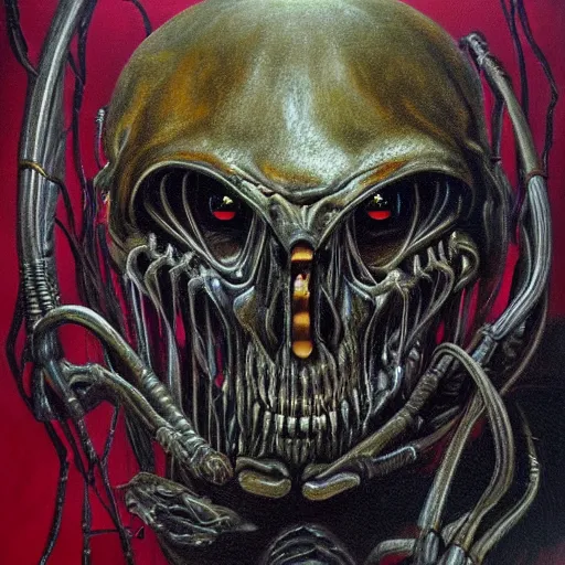 Image similar to the devil, hyperrealistic oil panting, disturing, highly detailed, shaded lightning, inspired by hr giger