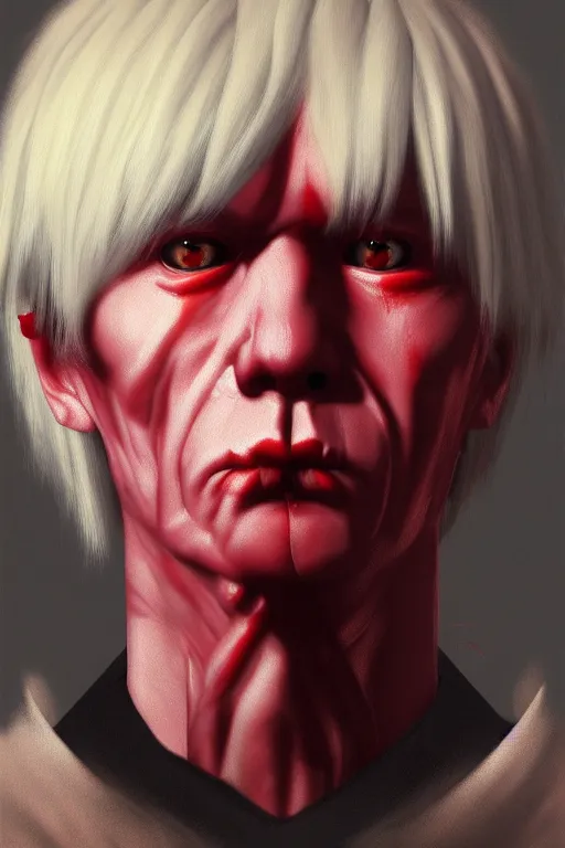 Prompt: a demonic horrific portrait of andy warhol, white eyes, bored, illustration, soft lighting, soft details, painting oil on canvas by edmund blair leighton and charlie bowater octane render, hdr, trending on artstation, 4 k, 8 k, hd