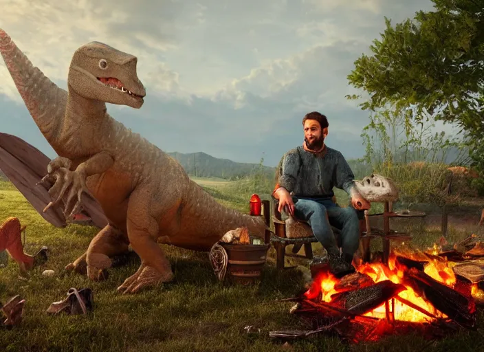 Prompt: diorama of a medieval farmer sitting beside a camp fire with his pet dinosaur, intricate detail, hyper detailed, ultra realistic, sharp focus, octane render, volumetric, ray tracing, artstation trending, 4 k