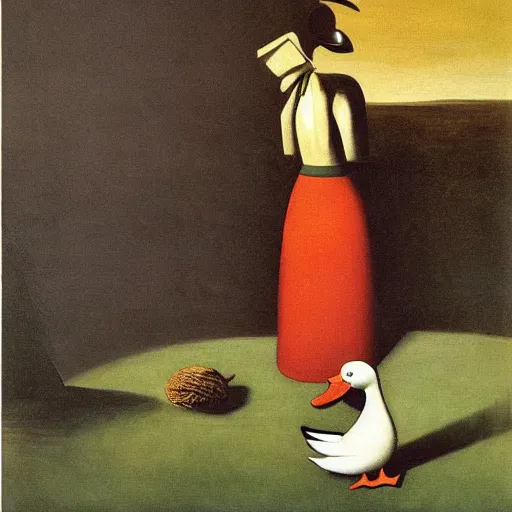 Prompt: a duck on the prowl oil painting giorgio de chirico