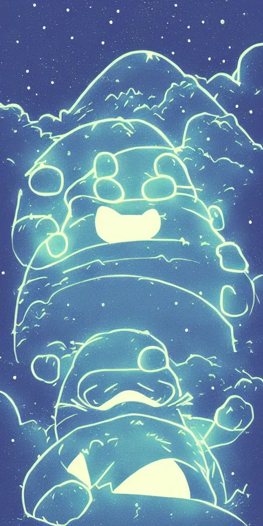 Image similar to giant glowing wireframe snorlax totoro, mountain landscape, night sky, digital art, digital painting, celestial, majestic, colorful