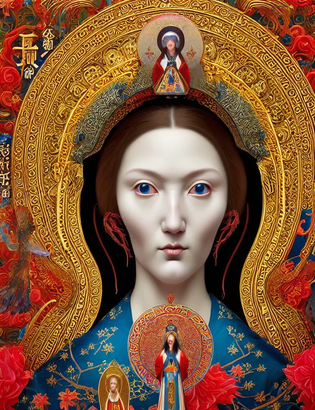 Image similar to 3 d goddess close - up profile portrait russian orthodox icon with ram skull. beautiful intricately detailed japanese crow kitsune mask and clasical japanese kimono. betta fish, jellyfish phoenix, bio luminescent, plasma, ice, water, wind, creature, artwork by tooth wu and wlop and beeple and greg rutkowski