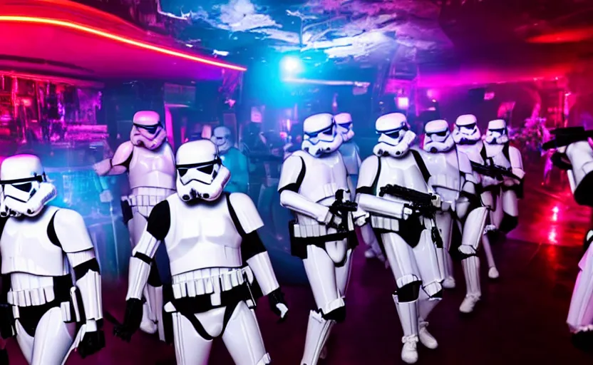 Image similar to bunch of stormtroopers having a moshpit in the club, neon lighting atmosphere, ethereal photograph lens flare, realistic,