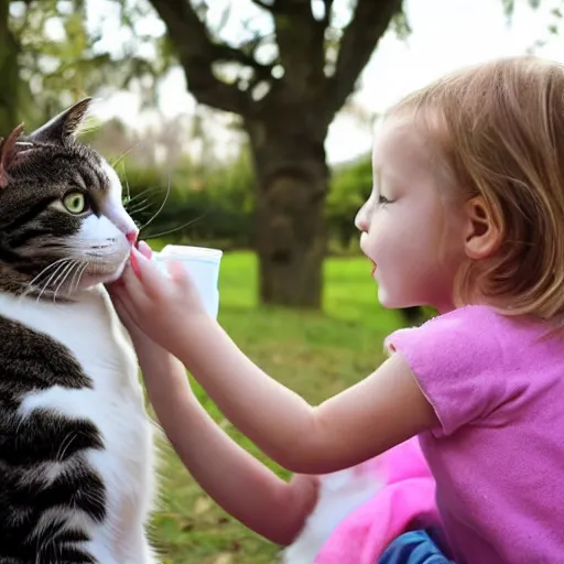 Image similar to human giving milk bottle to a cat